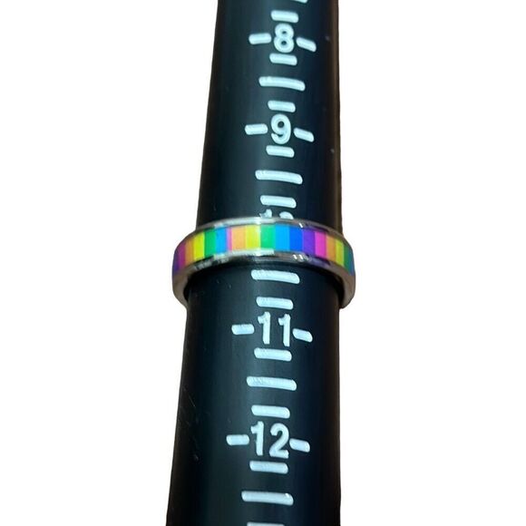 NWOT Size 10 Metallic silver titanium steel band with rainbow enamel - Picture 3 of 4